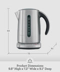 Smart Temperature Kettle With 7 Cup Capacity In Brushed Stainless Steel Quick Boil And Exact Brew Settings For Black Green White Oolong Tea And French Press Coffee Your Go To Brew product image showing dimensions 9.8" high, 7.2" wide, 9.1" deep.