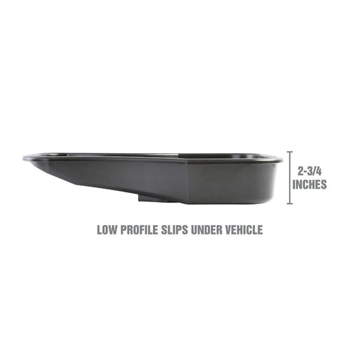 Side view of Low Profile Oil Drain Pan With Gooseneck Design 2.8 Quart showing 2-3/4 inch height, ideal for slipping under vehicles.