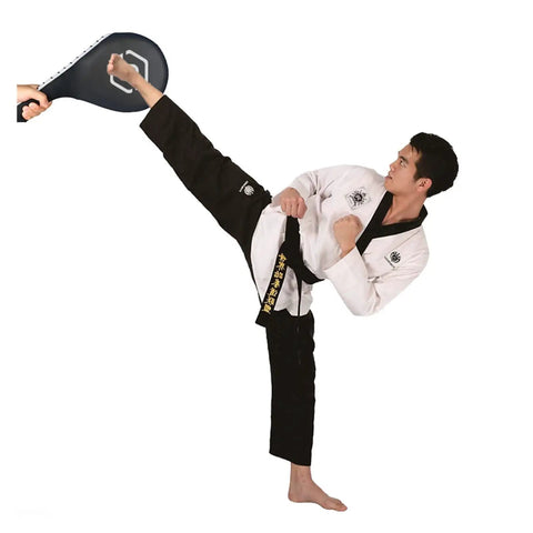Heavy Hitter Boxing Kick Pad With Slick Smart Power Meter And App Connected Voice Broadcast For Taekwondo Kickboxing Training Durable Strike Target Red in use with a taekwondo practitioner performing a kick.