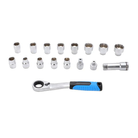 17 Piece Pass Through Socket Set With 72 Tooth Ratchet Wrench Crafted From Tough Chrome Vanadium Steel To Quickly Clear Threaded Rods And Long Bolts Without Breaking A Sweat, displayed in a flat layout.