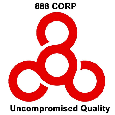 Logo of 888 CORP with red symbol and text stating Uncompromised Quality.