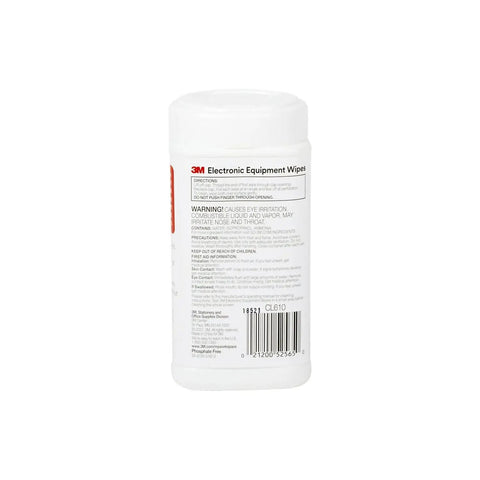 Back view of packaging for 3M Electronic Equipment Wipes in a white canister with product details and barcode visible.