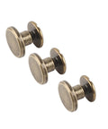 Close-up of 8mm flat head copper brass screws, nuts, rivets set for leather craft and accessories DIY repair kit, 3 sets visible.