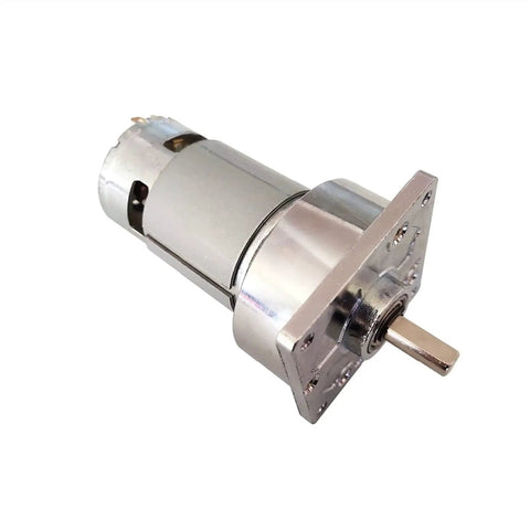 Heavy Duty 775 DC Gear Motor Delivering Badass Eighty Kilogram Centimeter Torque With Smooth Variable Speed Control From Five To Five Hundred RPM, silver motor with square mounting plate.