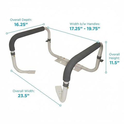 Built Tough Aluminum Toilet Safety Handle With Padded Adjustable Armrests dimensions showing overall size and adjustable features.