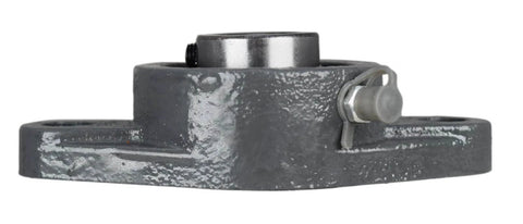 Side view of Three Quarter Inch Two Bolt Flange Bearing With Set Screws Cast Iron Housing Grease Zerk Lubrication Bore.