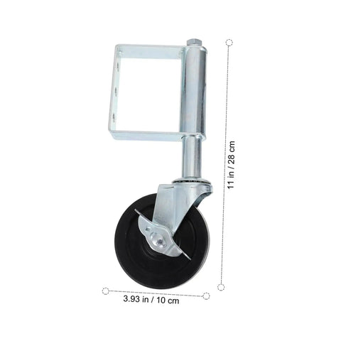 Heavy Duty Spring Loaded Fence Gate Wheel Rig With Telescopic Support And Swivel Caster, 11 in tall, 3.93 in wide, silver and black.