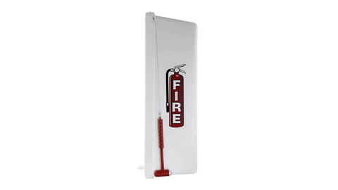 Two Pack Heavy Duty White Surface Mount Fire Extinguisher Cabinet With Easy Grip Hammer and Built Tough Weatherproof Shell For Rock Solid Secure Twenty Pound Extinguisher Storage side view with attached hammer.