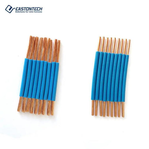 Built Different Automatic Wire Cutting And Stripping Workhorse With Smart Touchscreen showing bundles of copper wires with blue sheathing.