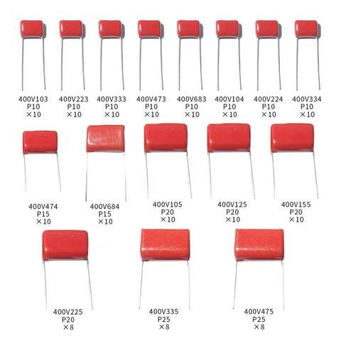 Kickass Assorted Cbb Capacitor Kit 154 Pieces 400V Metallized Electronic Components 10NF To 4.7UF Tolerance Range showing various capacitor values.