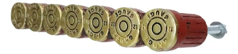 Close-up of Killer Rustic Western 12 Gauge Shotgun Shell Bar Pulls For Cabinets And Drawers Hella Tough Ammo Casing Hardware.