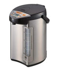 Front view of hybrid water boiler and warmer with microcomputer temperature control, quick temp mode, silver exterior, LCD panel.
