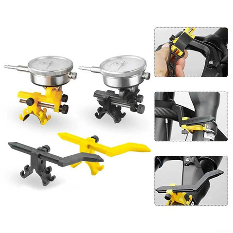 Bike Wheel Truing Stand With Percentage Indicator For Quick Rim Adjustment And Wheel Buckle Removal Pro Grade Cycling Rims Tool in use.