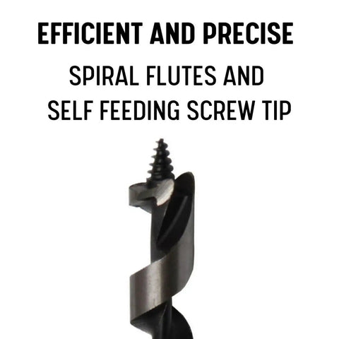Close-up of Thirteen Sixteenths Inch Long Wood Auger Drill Bit with self-feeding screw tip in high carbon steel for deep clean holes.