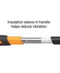 Close-up of IsoCore 16 Lb Sledge Hammer handle showing insulation sleeve for shock reduction, designed for vibration control.