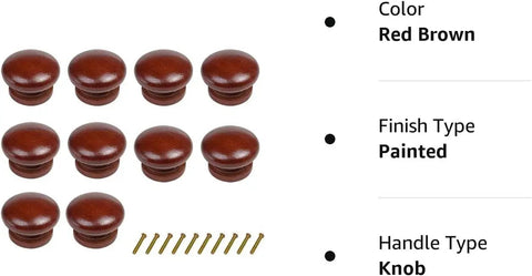 Heavy Duty Round Wood Drawer Knobs For Dressers And Cabinets, Slick Red Brown Finish With Hassle Free Mounting Screws, Pro Level Furniture Pull Handles Set Of Ten displayed with painted finish and mounting screws.