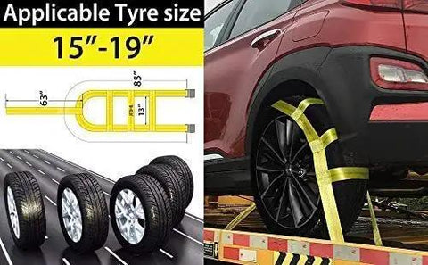 Super Tough Tow Dolly Basket Wheel Straps Lock Down Your Ride Like A Boss For 15 To 19 In Tires Beefy 10000 Pound Working Capacity Heavy Duty Nylon Car Transport Setup with design specs and applied on vehicle.