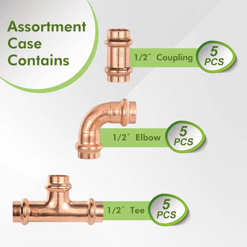 15 Piece Pro Grade Pro Press Fittings Kit For Copper Pipe Half Inch Heavy Duty Brass Lead Free NSF cUPC Certified Elbow Tee Coupling Combo