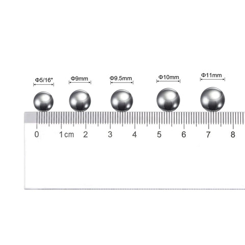 100 Pack 10 mm Carbon Steel Ball Bearings Precision Mirror Polished with ruler showing size comparison of steel spheres