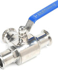 Professional Grade Hardcore Stainless Steel 3 Way Tri Clamp T Port Ball Valve with Slick Quarter Turn Handle from a side angle.