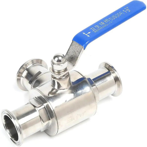 Professional Grade Hardcore Stainless Steel 3 Way Tri Clamp T Port Ball Valve with Slick Quarter Turn Handle from a side angle.