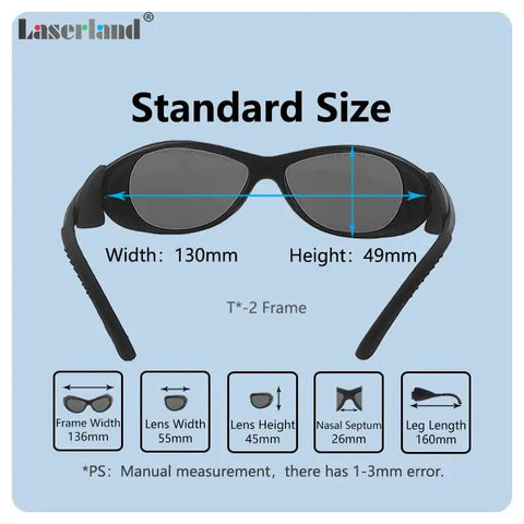 Heavy Hitting Infrared Laser Safety Goggles With Top Shelf OD4 Plus Filter Durable Polycarbonate Eyewear For 780Nm 808Nm 810Nm 830Nm Lasers Hair Salon Techs And Camera Operators standard size specifications with dimensions labeled.
