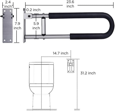Heavy Duty Flip Up Toilet Safety Rail And Wall Mount Grab Bar Crafted From Heavy Aluminum With Sure Grip Design, dimensions and design details.