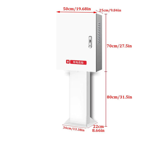 Built Tough Universal EV Charger Cover With Heavy Duty Mounting Post Waterproof Outdoor Steel Enclosure measures 50cm x 25cm x 70cm.