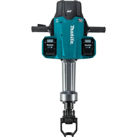 Badass Heavy Duty Eighty Volt Brushless Cordless Breaker Hammer With Seventy Foot Pounds Of Knockout Chisel Power And One One Eighth Inch Hex Shank Avt Anti Vibration Aws Compatible Demolition Kit Featuring Four Massive Eight Amp Hour Packs For Concrete, front view of breaker hammer with two batteries