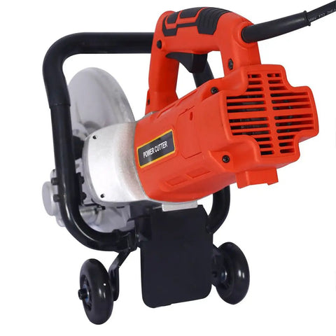 Heavy Duty 14 Inch Electric Concrete Saw Built Tough 3000W Motor, power cutter front view with handle and guide roller.