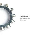 Close-up of a galvanized external tooth washer from Star Split Lock Washers Kit 1440 Pieces for vibration reduction.