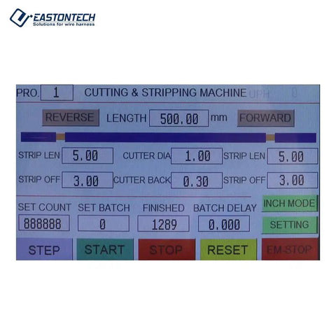 Control panel of Automatic Cable Wire Cutting Stripping Machine High Speed Computerized Wire Processor showing settings.
