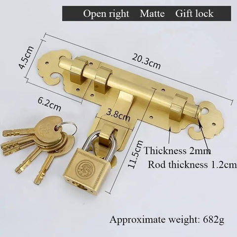 SSWKTCRPZ Solid Brass Door Lock Slide Bolt Gate Latch for Cabinet Window with keys and padlock, matte finish, dimensions shown.