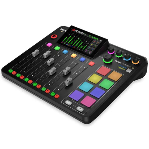 Slick Pro Live Streaming Console And Broadcast Mixing Interface Packing Beast Mode with faders and colorful buttons.