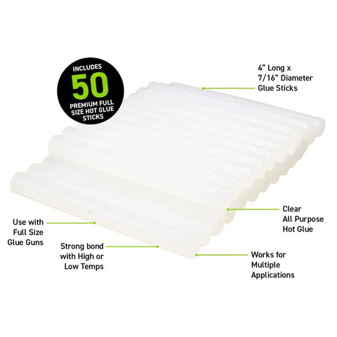 Stack of 50 clear full-size hot glue sticks with labels, 4-inch long for DIY projects, arts and crafts, and home repairs.