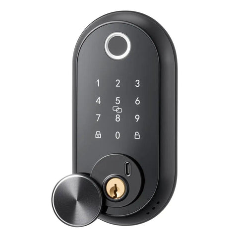 Premium Matte Black Smart Biometric Door Lock With Touchscreen Keyless Entry Featuring Boss Level Fingerprint Security And No Sweat Operation For Your Home Or Apartment close-up view of keypad and lock mechanism