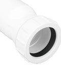 Close-up of the heavy duty RV anti overflow valve made of white PVC with a black EPDM gasket for secure sealing.