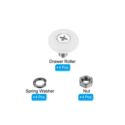Straight Up 22mm Nylon Drawer Rollers 4 Pack With Stainless Steel Screws To Knock Out Janky Cabinet Slides And Deliver A Ridiculously Smooth Glide For Your Kitchen Storage Drawers In White. 22mm white nylon roller with stainless steel screw and metal washer.