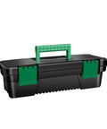 Kickass Tailgate Ready Tool Box Featuring An Unbreakable Hinged Lid And Grippy Top Carry Handle, black with green accents.