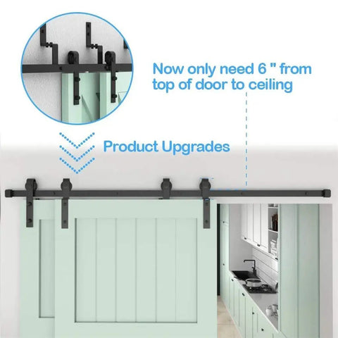 Heavy Duty Bypass Barn Door Slides Hardware Kit For Double Doors Featuring Rock Solid Steel J Track With Smooth As Butter Glide Rollers In Classic Black Finish, installed on green double doors with 6-inch clearance.