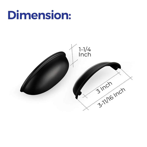 Slick Matte Black Cabinet Cup Pulls And Drawer Handles 3 Inch Center To Center Spacing 5 Pack showing dimensions and sleek design.