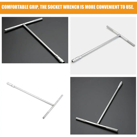 Heavy Duty T Handle Socket Wrench With Deep Design And Non Slip Comfort Grip For Stubborn Bolts And Heavy Machinery Repairs, angled view.