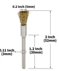 60 Piece Brass Wire Brush Set For Rotary Tools Designed To Knock Stubborn Rust Strip Oxide And Polish Metal Surfaces Fast Featuring A Durable One Eighth Inch Shaft Creates A Slick Finish Every Time - 2 Inch brass wire brush with 1/8 inch shank.