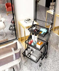 Heavy Duty Metal Rolling Storage Cart With Smooth Rolling Wheels For Kitchen Bathroom Laundry And Office Folding Utility Shelf filled with beauty products in a stylish salon.