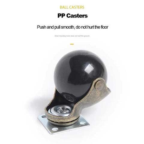 Vintage Antiqued Brass Ball Casters Super Smooth Roll Swivel Wheels With Secure Locking Brakes showing black PP wheel and metal base.