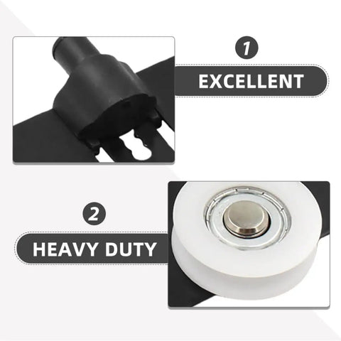 Close-up of Heavy Duty Sliding Cabinet Door Nylon Pulley Wheel Hardware Set In Matte Black with visible nylon roller and track detail.