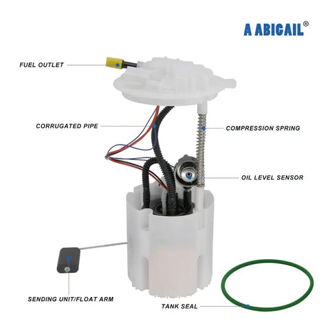 Top Shelf Fuel Pump Module For Jeep Liberty Dodge Nitro with parts labeled, including fuel outlet and sending unit, showcasing detailed design.