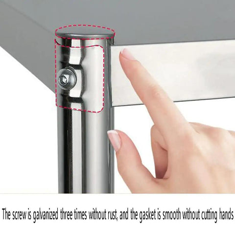 Close-up of Tough As Nails 3 Tier Stainless Steel Shelving Rack showing galvanized screw and smooth edge for safety.