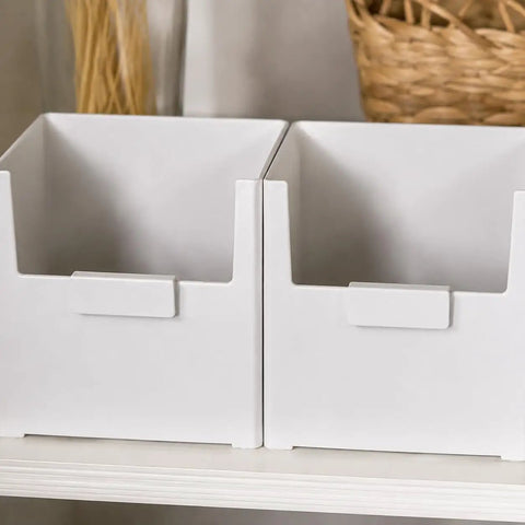 Versatile Big Capacity Heavy Duty Stackable Storage Bins Open Top on shelf, perfect for organizing closet and bathroom.