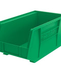 Heavy Duty Plastic Storage Bins Bundle With Secure Hooks, Stackable Industrial Containers, 15X8X7 Inch 12 Pack And 11X11X5 Inch 6 Pack, green open plastic storage bin side view.